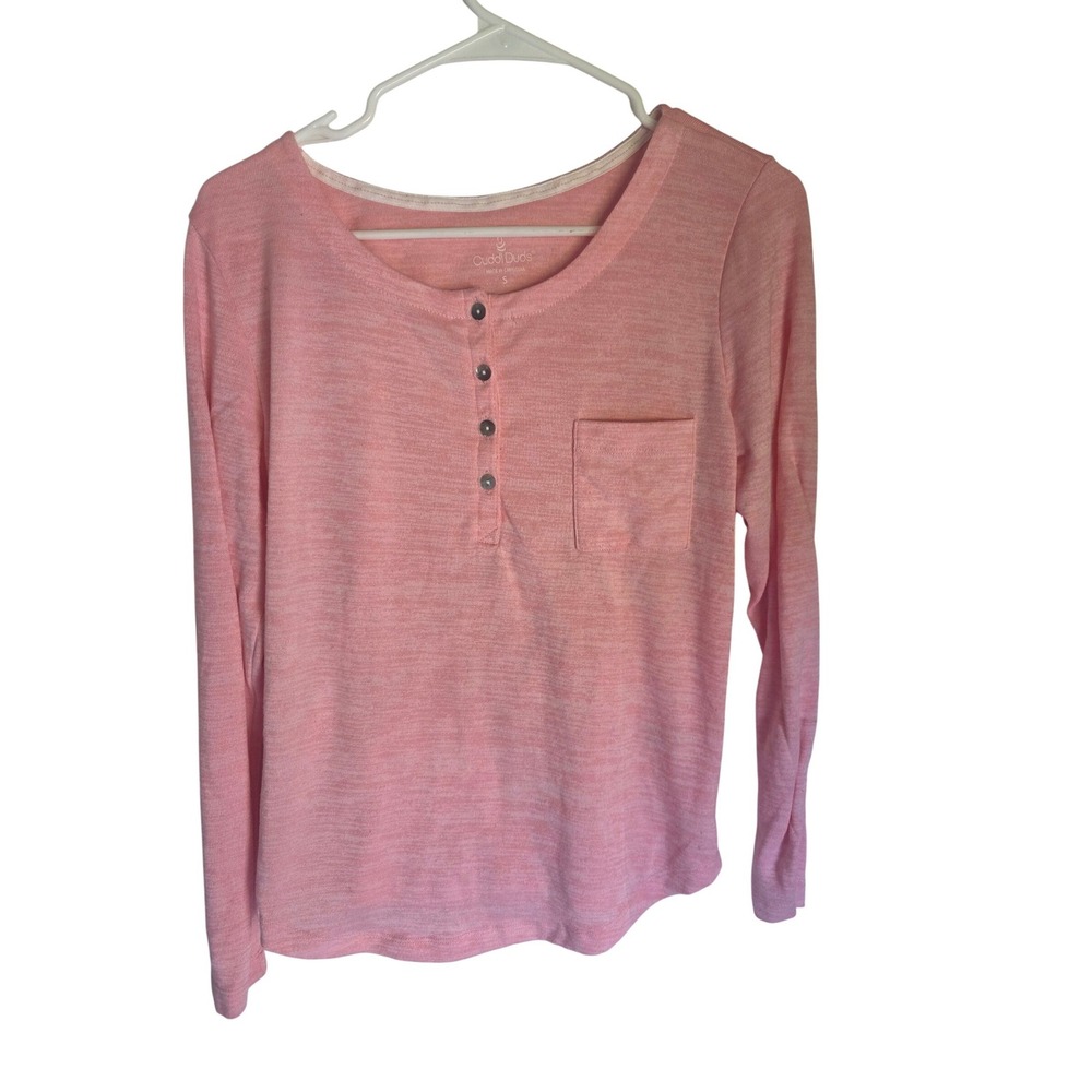 Cuddl Duds Womens Pink Space Dye Henley Long Sleeve Pocket Top Small S 6-8